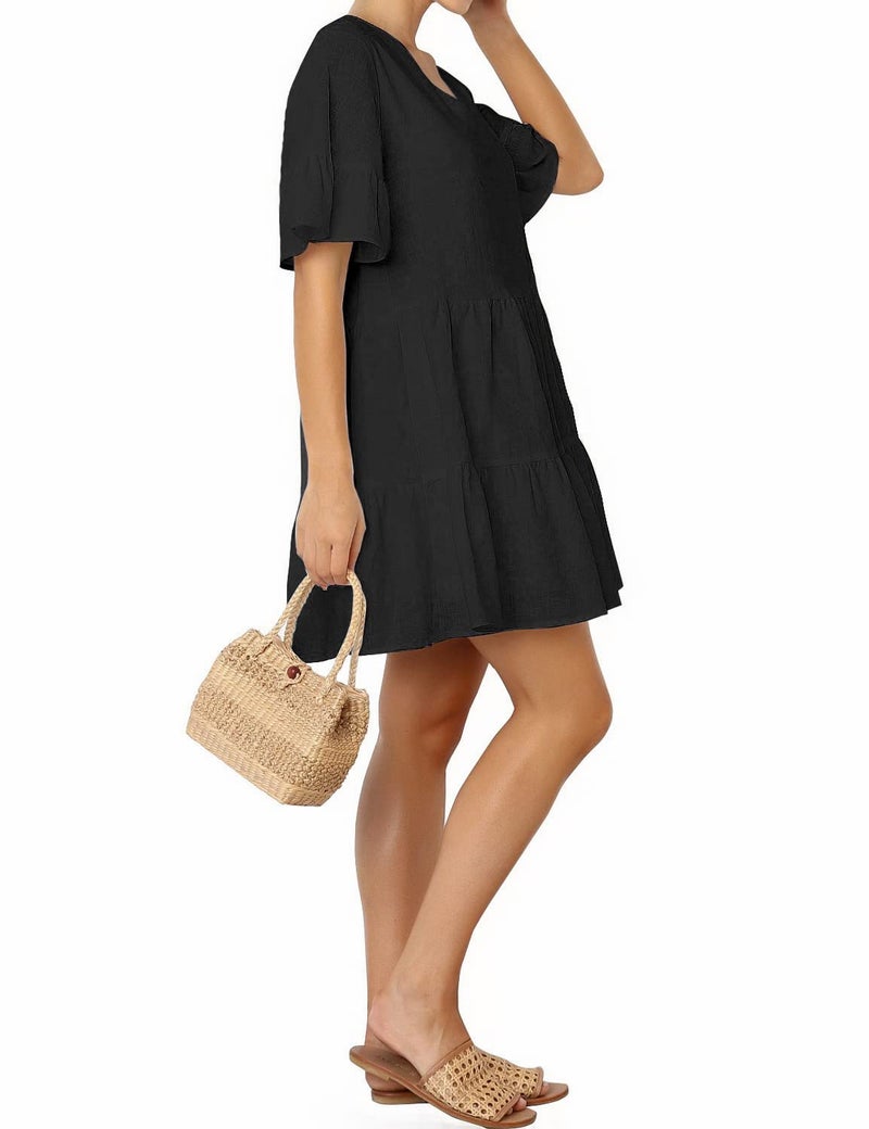 FANCYINN Womens Black Shift Dress with Pockets Bell Sleeve Ruffle Hem V Neck Spring Swing Tunic Mini Dress S - Image 3